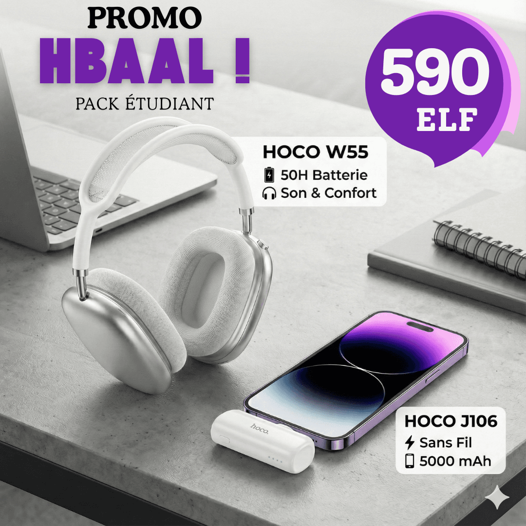 Pack Étudiant : Casque Hoco W55 + Powerbank J106 (50H Autonomie)